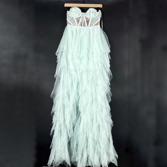 For Love & Lemons Bustier Hi Low Gown Blue‎ Tulle Tiered Strapless Dress Sz S - Picture 6 of 14